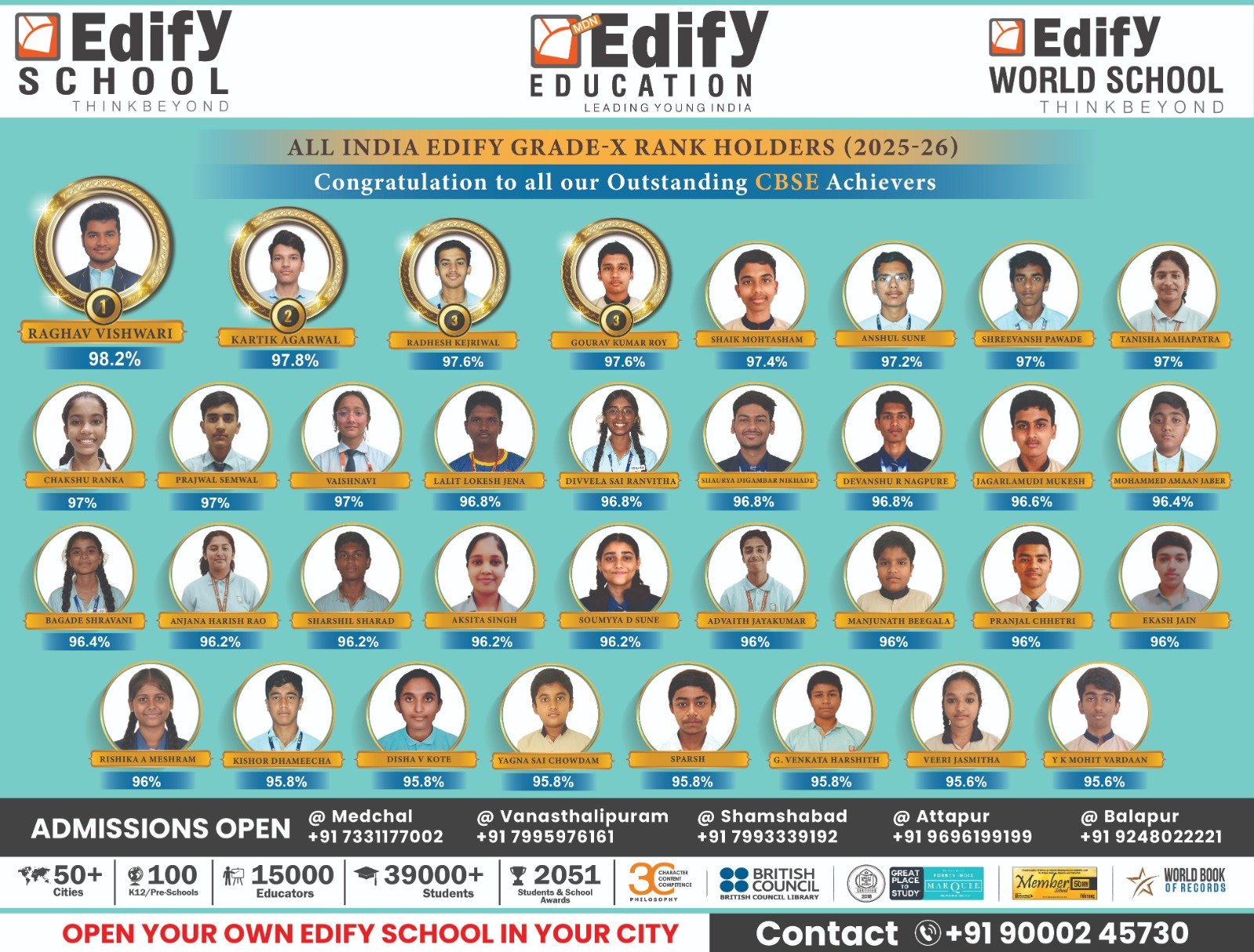 Edify World School Attapur CBSE board exam results banner celebrating academic excellence and student achievements